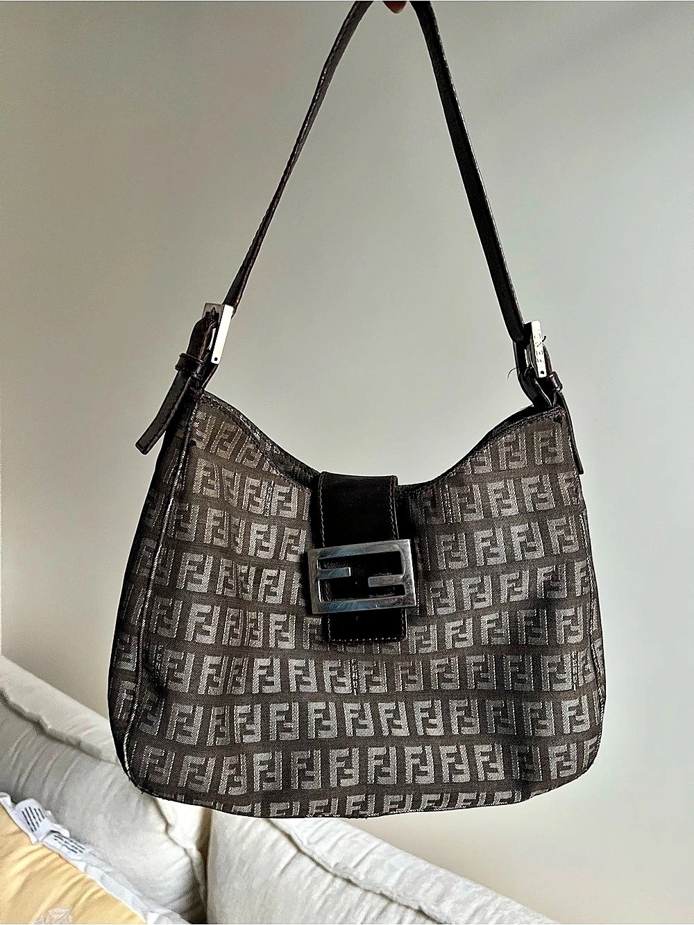Fendi Zucchini Canvas Hobo Shoulder Bag Brown & Black